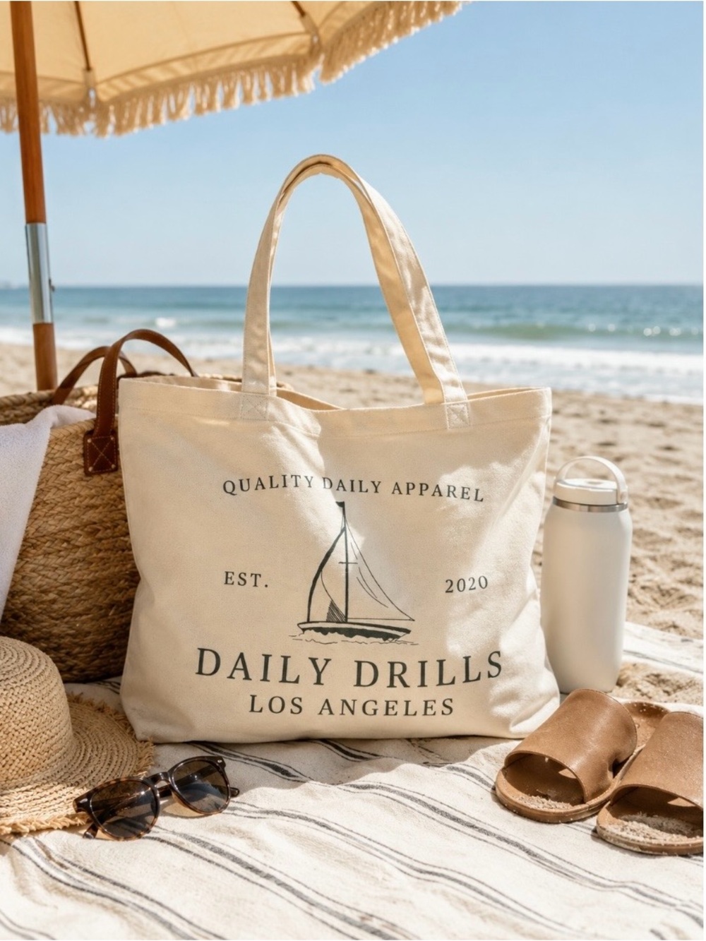 FINAL SALE NWT Daily Drills DD Sailboat Tote- Cream + DD Green